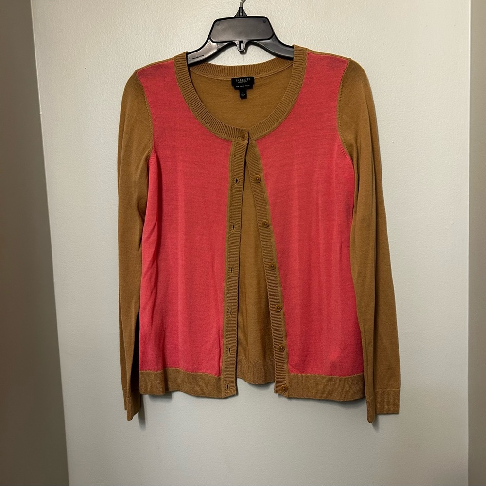 Talbots Women's S Pure Merino‎ Wool Color Block Button Up Cardigan tan pink EUC